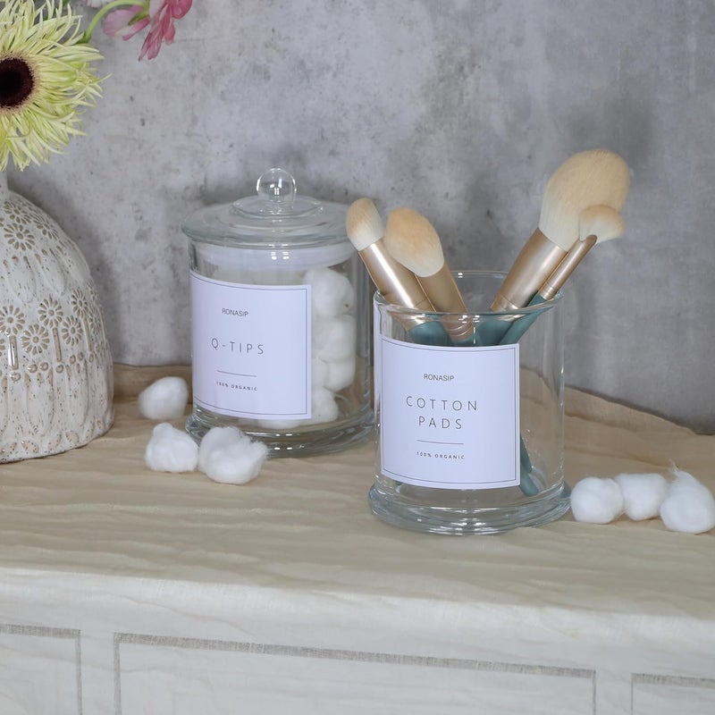 Ronasip Qtip Holder & Cotton Pad Dispenser, Bathroom Organizer and Storage Canisters, 16oz Glass Apothecary Jars for Kitchen, Restroom - Home Decor, Room Decor Aesthetic (2 Pack, Transparent) - Image 4